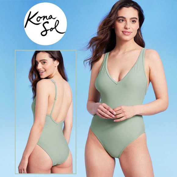 KONA SOL™ Sage Green V-Neck High Leg One Piece Swimsuit 🌴 NEW!!! - Picture 1 of 12
